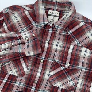 ARIAT Retro Fit Plaid Thick Flannel Western Shirt Mens LG Red White Pearl Snap